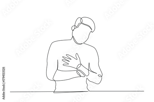 Man feel chest discomfort in continuous one line drawing. Single line art illustration of man having a heart attack. Editable vector.