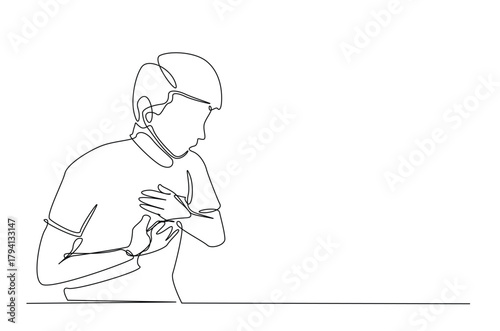 Man feel chest discomfort in continuous one line drawing. Single line art illustration of man having a heart attack. Editable vector.