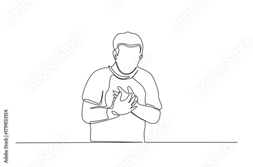 Man feel chest discomfort in continuous one line drawing. Single line art illustration of man having a heart attack. Editable vector.