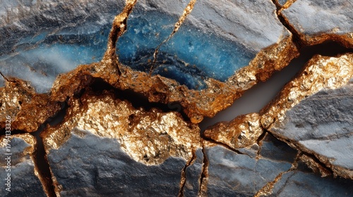 Close-up of blue and gray stone with gold-filled cracks