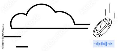 Floating cloud, digital coin in motion, and soundwave icon represent data exchange, online storage, and digital currency. Ideal for cloud computing, cryptocurrency, finance, technology innovation