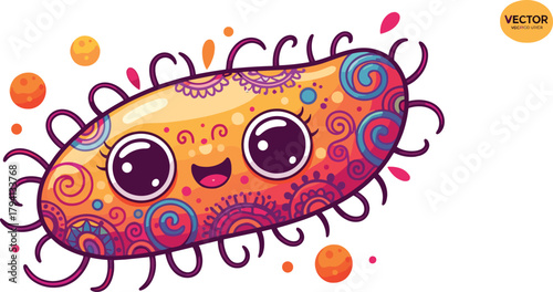 Colorful cute bacteria character vector illustration with smiling face, mandala patterns, and artistic microbial design for science and education.