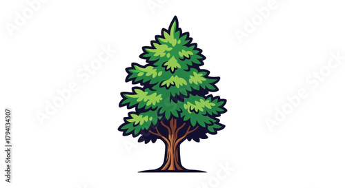 Stylized illustration of a vibrant green coniferous evergreen tree with a brown trunk on a white background