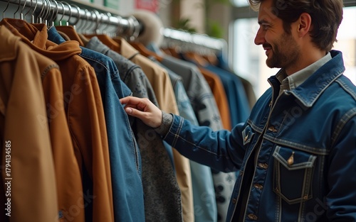 Man choosing clothing in a second-hand store. Various vintage suede leather and jeans jackets hang on clothing rack. Thrifting and sustainability in clothing concept. High quality