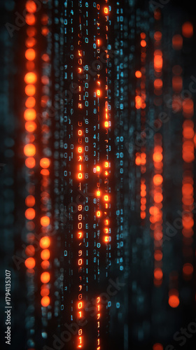 Wallpaper Mural Binary Code Rain: Digital data streams cascade down in a mesmerizing display of binary code with a vibrant orange and blue color palette. Torontodigital.ca