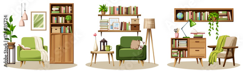 Cozy reading nooks. Living room furniture in green and brown colors. Cartoon vector illustrations