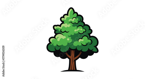 Stylized cartoon green coniferous tree with a brown trunk isolated on a white background