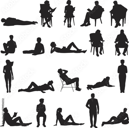 People sitting and lying poses collection, reading and relaxing silhouettes, casual lifestyle actions, chair and floor positions, minimalist vector illustration set for SEO.