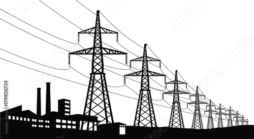 Power transmission towers with factory skyline, high voltage electricity lines, industrial energy infrastructure silhouette, utility grid network vector illustration for SEO.