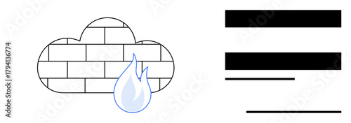 Cloud shape with brick texture and flame emphasizing digital firewall technology. Ideal for security, technology, data protection, cloud services, threat prevention, digital infrastructure, secure