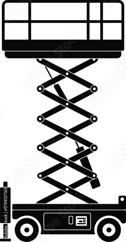 Scissor lift aerial work platform silhouette, hydraulic boom lift with safety rails, construction equipment icon, industrial maintenance access machine vector illustration.