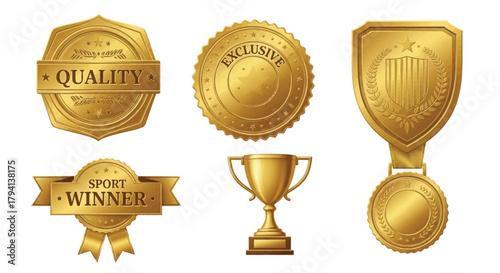 Set of golden award badges and trophy illustration of achievement and success isolated on a white background