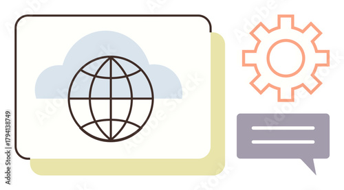Globe within cloud shape, gear, and speech bubble symbolize global network, internet, communication, and collaboration. Ideal for technology, automation, data sharing teamwork innovation digital