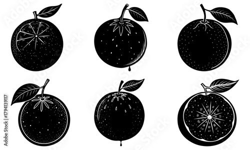 Illustration of six stylized black and white fruits with leaves and unique internal patterns