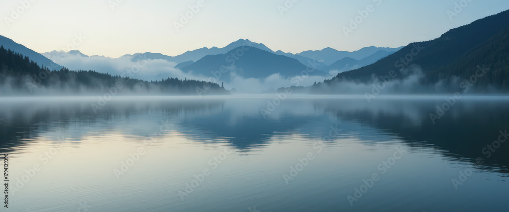 Fototapeta premium Morning mist over tranquil lake mountain range scenic photography serene environment wide-angle view nature's beauty