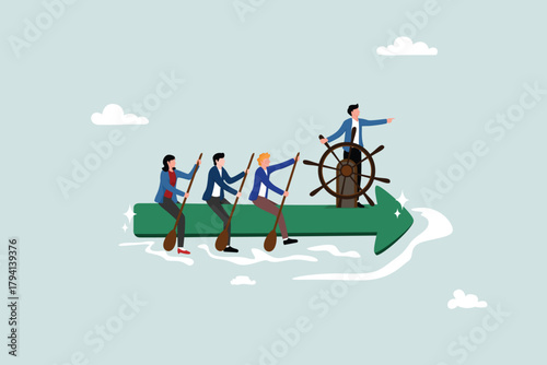 Leadership to direct the team in the right direction, employee teamwork to help success, entrepreneur managers lead people who work together in a team by directing arrows.
