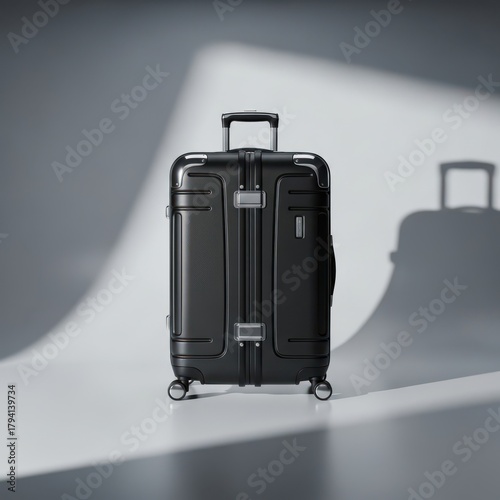 Modern black suitcase on wheels for travel and business trip on gray background