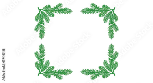 Four green pine branch corners forming a decorative christmas frame on white background