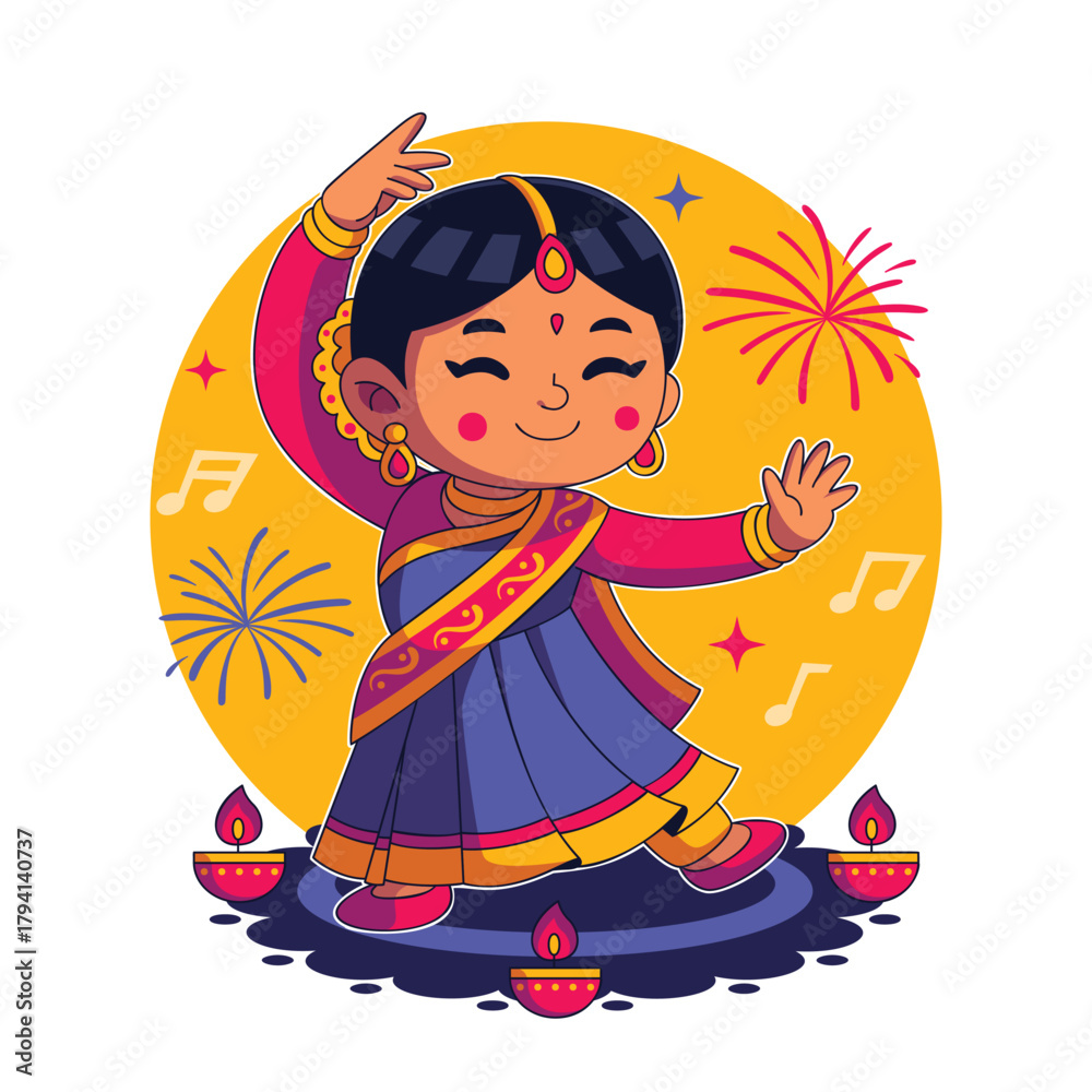 Fototapeta premium Happy Diwali Girl Dancing with Fireworks