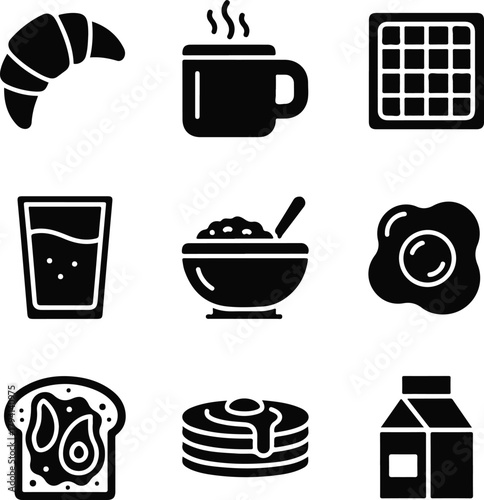 Minimalist Breakfast Food Solid Vector Icon Set