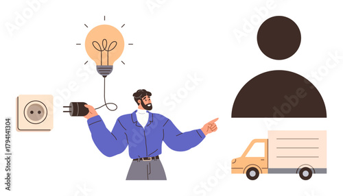 Person holding a plug connected to a lit bulb, indicating ideas or energy. Nearby, a delivery truck and user icon signify logistics and service. Ideal for creativity, energy, connectivity