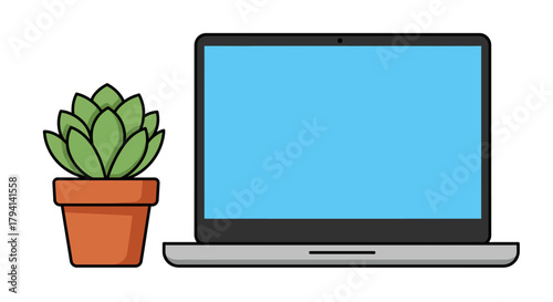 Laptop and plant on white background, work from home concept.