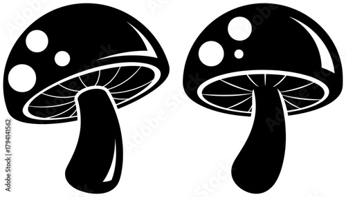 Two mushroom with spots, showcasing natural fungi and organic growth in a simple black and white design