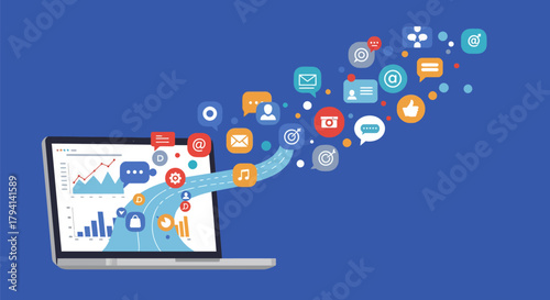 Laptop displaying social media icons and data analytics.