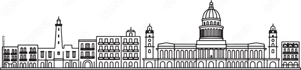 Obraz premium Outlined havana cuba skyline silhouette vector illustration on transparent background