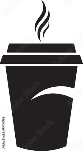 Black silhouette of a disposable hot coffee cup with rising steam, icon design isolated on transparent background