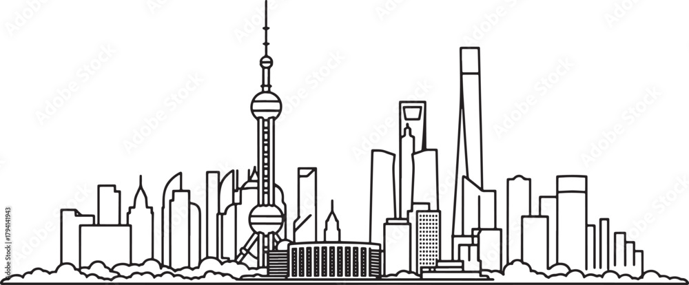 Obraz premium Shanghai china line drawing minimal style vector isolated on transparent backdrop