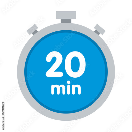 A blue digital stopwatch displaying twenty minutes on its screen, symbolizing time and measurement