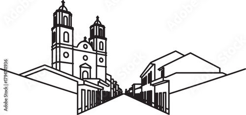 Perspective Line Art Drawing of Street View in Puebla City Mexico Architecture