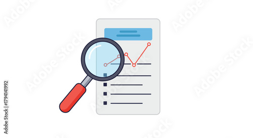 Magnifying glass focusing on business graph analysis report.