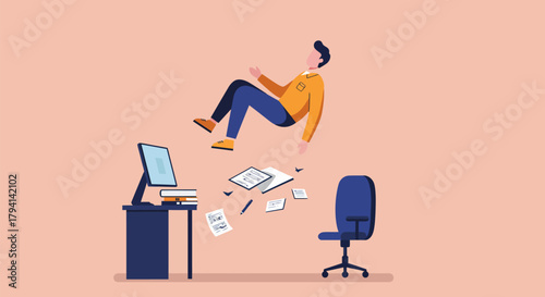 Man floating above desk with papers and computer.