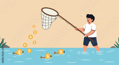 Man fishing for money with a net in the water, financial concept.