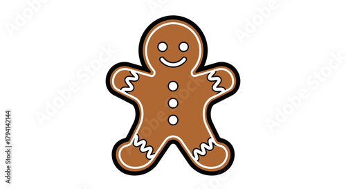 Illustration of a gingerbread man cookie with white icing details on a white background.
