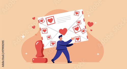 Man holding a large envelope with heart stamps and symbols.