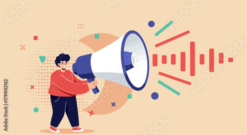 Man holding a megaphone, broadcasting a message to the audience.