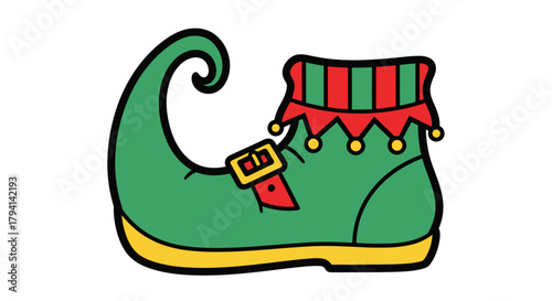 A cartoon illustration of a green elf shoe with a curled toe and red and green striped cuff.