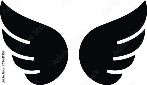 Wing icon representing freedom and flight, Minimal black silhouette of two stylized wings, symbolizing freedom, speed, spirituality, imagination, and uplifting concepts in a clean graphic design.

