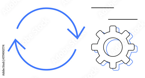 Circular arrows symbolizing process flow paired with a gear for optimization. Ideal for technology, automation, workflow, efficiency, system updates, data management, simple flat metaphor