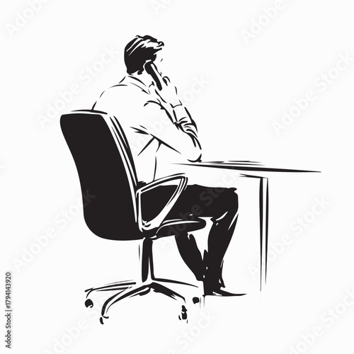 Businessman Answering Phone at Desk Vector Illustration on white background