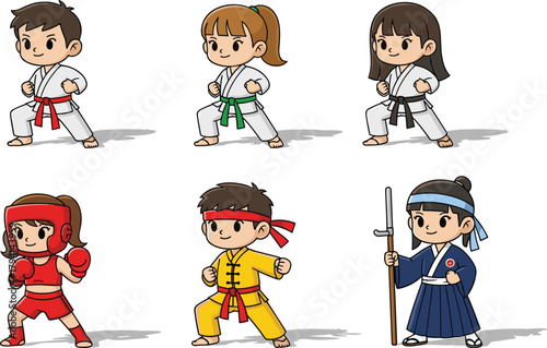Cartoon martial arts kids, karate, boxing, kung fu, taekwondo, traditional uniforms, fighting stances, combat sports, training, cultural diversity