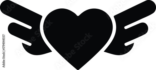 Winged heart icon for love, freedom and romance, Black silhouette of a heart with stylized wings, symbolizing love, freedom, passion, romance, and uplifting emotional expression.

