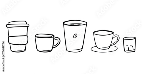 Set of various types of coffee cups, doodle various coffee drinks