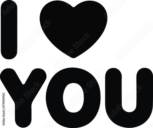 I love you text icon for romantic messages, Bold black “I love you” icon with a heart symbol, representing affection, romance, declarations of love, and emotional message themes.

