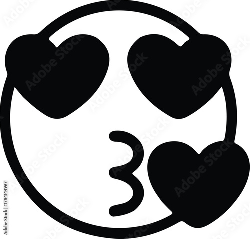 Kissing face emoji icon with heart eyes, Black emoji-style face with heart-shaped eyes and a kissing expression, representing love, affection, romance, and playful emotional messaging.
