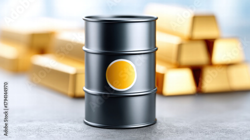Oil barrel niche commodities linked to oil flows with gold bar background showing wealth and investment concept