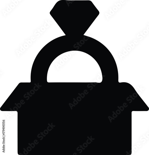 Engagement ring box icon for proposal and wedding themes, Simple black icon of an open ring box with a diamond ring, symbolizing engagement, proposal, marriage, romance, and special celebrations.

